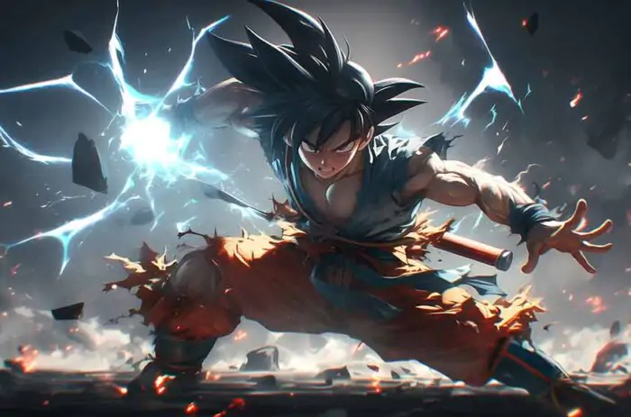 Dragon Ball Goku in battle stance with lightning effects and embers 4K wallpaper, ultra HD background free download for pc & mobile