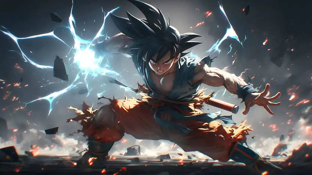 Dragon Ball Goku in battle stance with lightning effects and embers 4K wallpaper, ultra HD background free download for pc & mobile