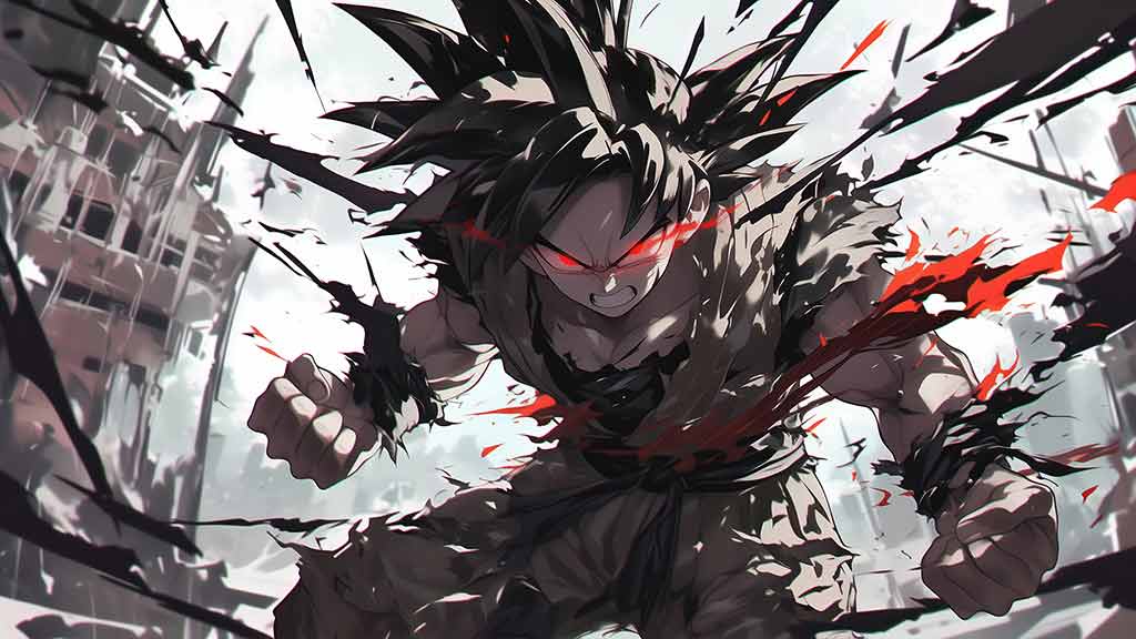 Dragon Ball Goku en mode rage sombre avec des yeux rouges et des effets d'énergie noirs Fond d'écran 4K, fond d'écran ultra HD à télécharger gratuitement pour pc & mobile