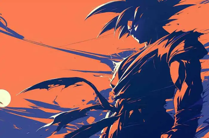 Dragon Ball Goku silhouette against orange sunset 4K wallpaper, artistic anime ultra HD background free for Pc & Mobile