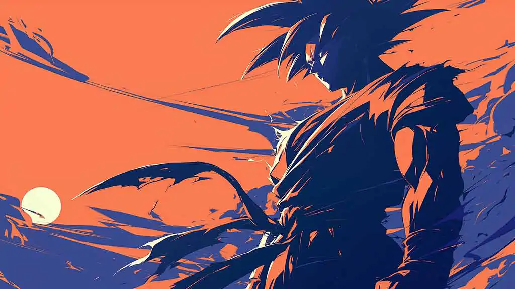 Dragon Ball Goku silhouette against orange sunset 4K wallpaper, artistic anime ultra HD background free for Pc & Mobile