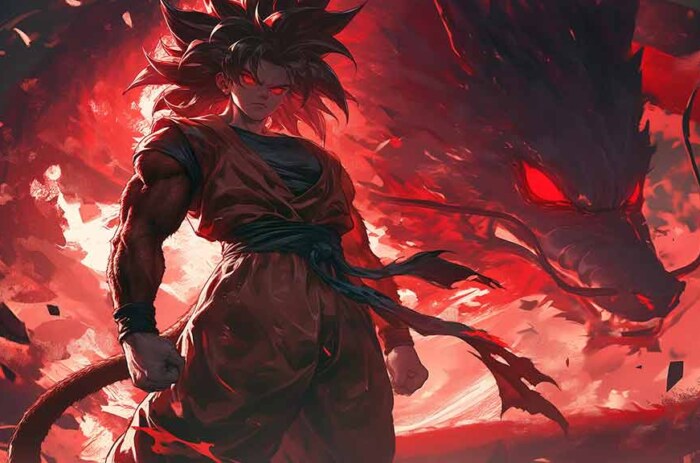 Fond d'écran Goku Super Saiyan 4 SSJ4 de Dragon Ball GT en 4k rouge dramatique épique ultra HD gratuit pour PC et téléphone portable