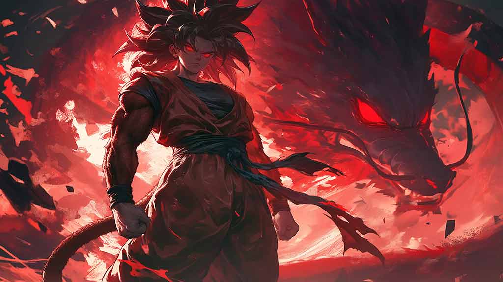 Fond d'écran Goku Super Saiyan 4 SSJ4 de Dragon Ball GT en 4k rouge dramatique épique ultra HD gratuit pour PC et téléphone portable