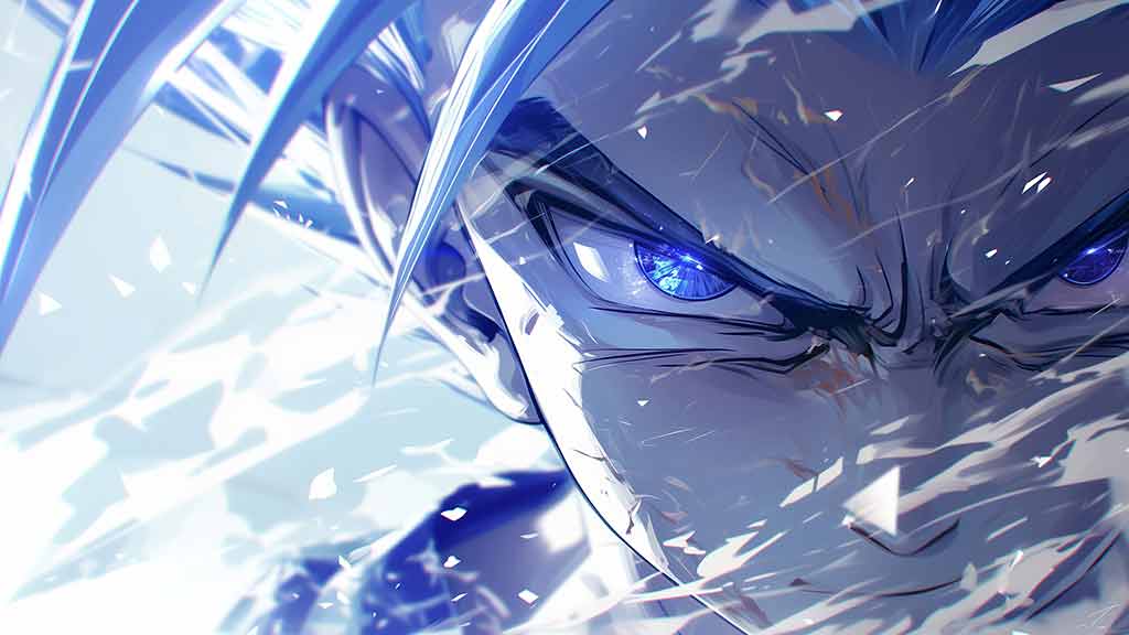 Portrait de Gohan en gros plan avec des yeux bleus brillants - Fond d'écran épique Dragon Ball Power Art 4k à télécharger gratuitement en ultra HD pour PC et Mobile