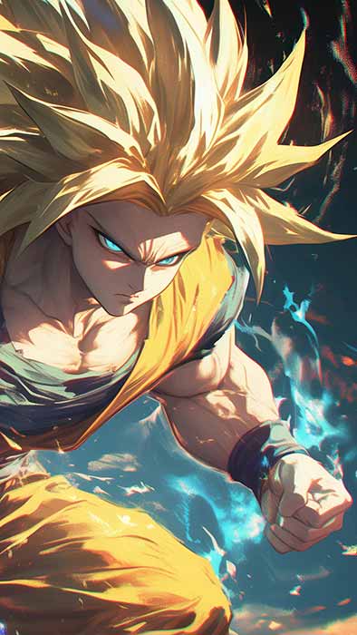 Fond d'écran Dragon Ball Z Goku Super Saiyan 3 en 4K avec cheveux dorés flottants et effets d'énergie en qualité Ultra HD 4K époustouflante, téléchargement gratuit pour PC et mobile
