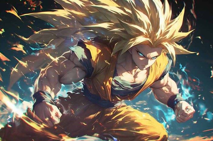 Fond d'écran Dragon Ball Z Goku Super Saiyan 3 en 4K avec cheveux dorés flottants et effets d'énergie en qualité Ultra HD 4K époustouflante, téléchargement gratuit pour PC et mobile