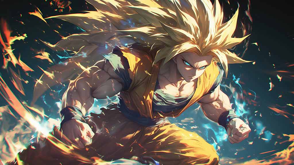 Fond d'écran Dragon Ball Z Goku Super Saiyan 3 en 4K avec cheveux dorés flottants et effets d'énergie en qualité Ultra HD 4K époustouflante, téléchargement gratuit pour PC et mobile