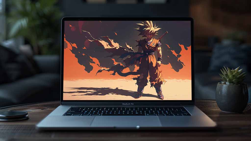 Dragon Ball Goku debout dans un paysage désertique avec un coucher de soleil orange fond d'écran anime 4k Ultra HD gratuit pour le bureau et le mobile