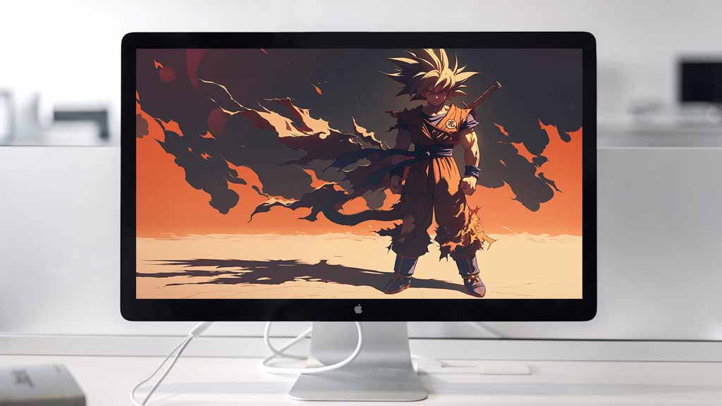 Dragon Ball Goku debout dans un paysage désertique avec un coucher de soleil orange fond d'écran anime 4k Ultra HD gratuit pour le bureau et le mobile