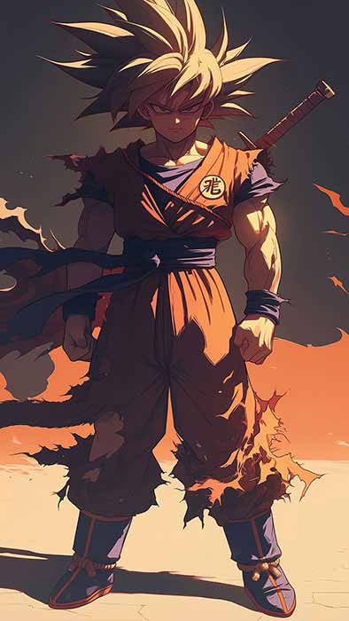 Dragon Ball Goku debout dans un paysage désertique avec un coucher de soleil orange fond d'écran anime 4k Ultra HD gratuit pour le bureau et le mobile