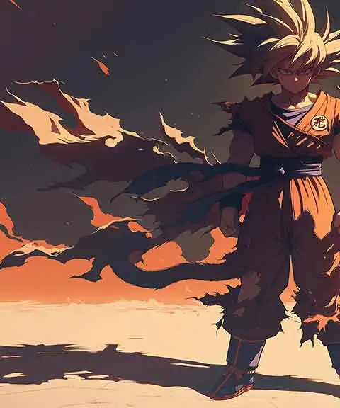 Dragon Ball Goku standing in desert landscape with orange sunset sky anime wallpaper 4k Ultra HD background free for desktop & mobile