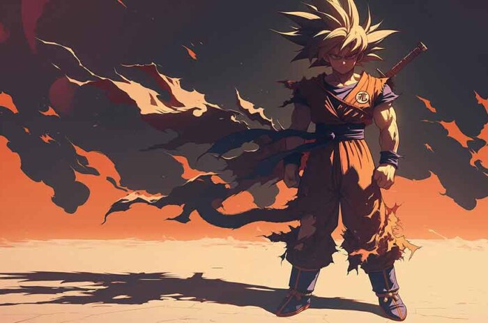 Dragon Ball Goku debout dans un paysage désertique avec un coucher de soleil orange fond d'écran anime 4k Ultra HD gratuit pour le bureau et le mobile