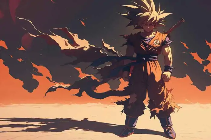 Dragon Ball Goku debout dans un paysage désertique avec un coucher de soleil orange fond d'écran anime 4k Ultra HD gratuit pour le bureau et le mobile