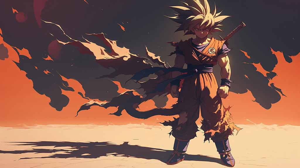 Dragon Ball Goku debout dans un paysage désertique avec un coucher de soleil orange fond d'écran anime 4k Ultra HD gratuit pour le bureau et le mobile