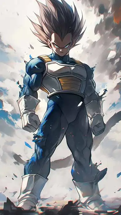 Dragon Ball Saiyan Prince in battle armor standing against stormy sky 4K wallpaper, ultra HD background free download for pc & mobile