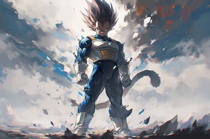 Dragon Ball Saiyan Prince en armure de combat debout contre le ciel orageux fond d'écran 4K, fond d'écran ultra HD à télécharger gratuitement pour pc & mobile