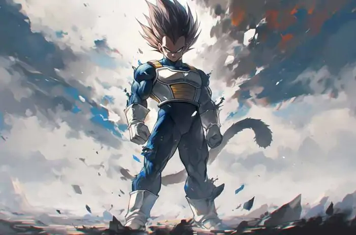 Dragon Ball Saiyan Prince in battle armor standing against stormy sky 4K wallpaper, ultra HD background free download for pc & mobile