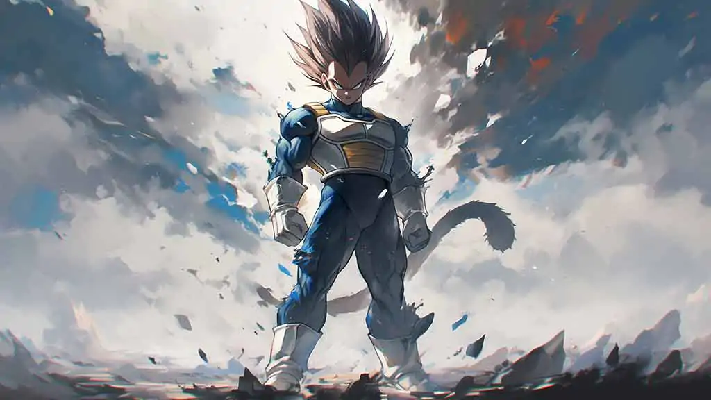 Dragon Ball Saiyan Prince in battle armor standing against stormy sky 4K wallpaper, ultra HD background free download for pc & mobile