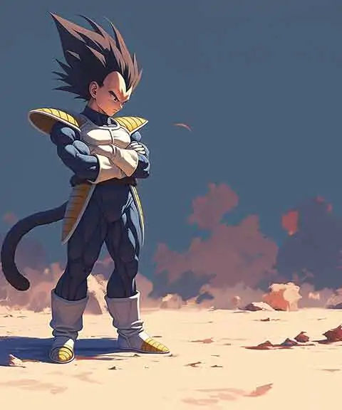 Dragon Ball Vegeta standing in desert landscape with orange sunset sky anime wallpaper 4k Ultra HD background free for desktop & mobile