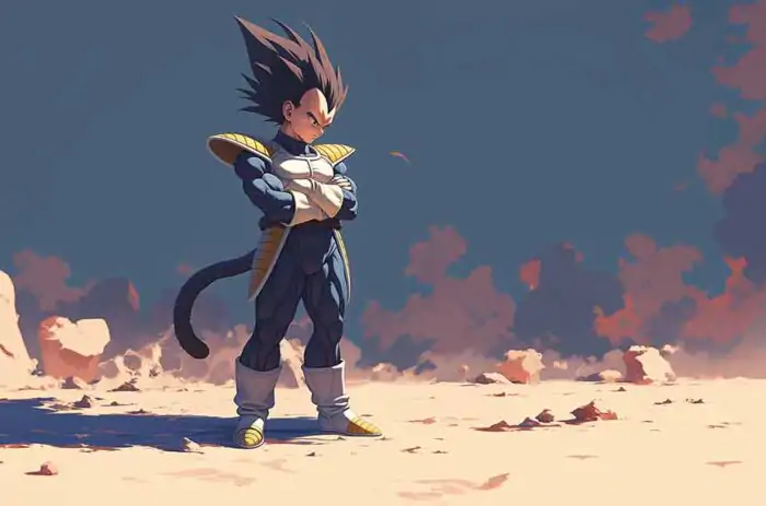 Dragon Ball Vegeta debout dans un paysage désertique avec un coucher de soleil orange fond d'écran anime 4k Ultra HD gratuit pour le bureau et le mobile