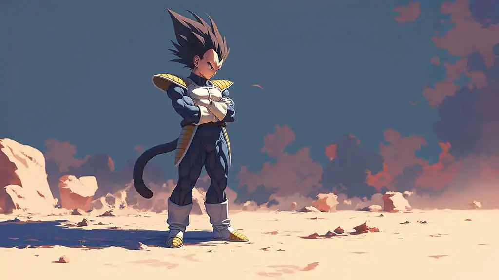 Dragon Ball Vegeta standing in desert landscape with orange sunset sky anime wallpaper 4k Ultra HD background free for desktop & mobile