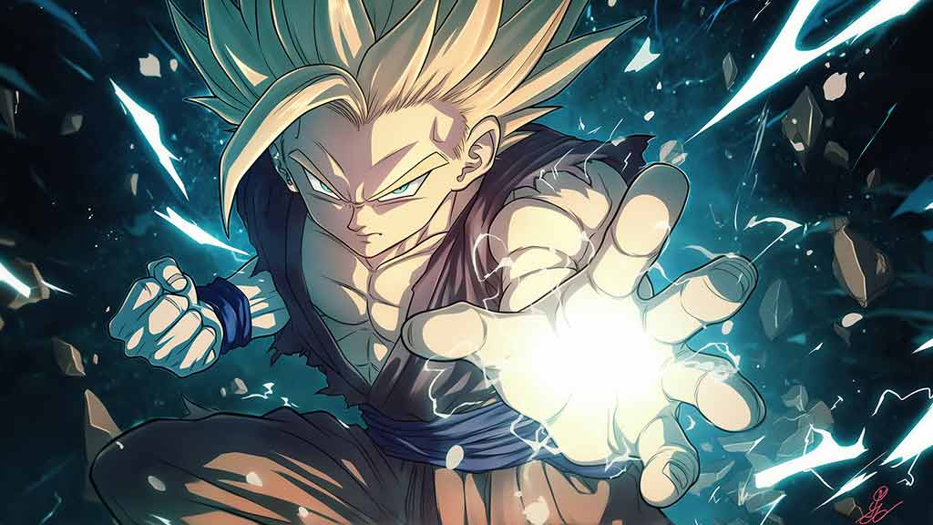 Fond d'écran Gohan Super Saiyan 4K Dragon Ball Z avec effets de boule d'énergie et d'éclairs art d'arrière-plan Ultra HD Téléchargement gratuit pour PC et mobile