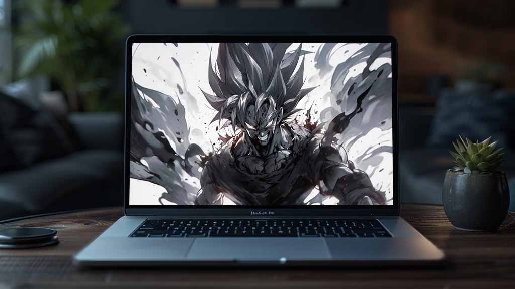 Fond d'écran Dragon Ball Goku dramatique en monochrome avec effets de fumée et expression intense en qualité 4K Ultra HD téléchargement gratuit