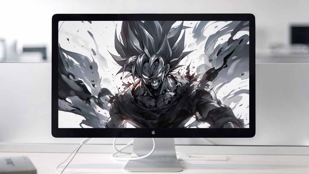Fond d'écran Dragon Ball Goku dramatique en monochrome avec effets de fumée et expression intense en qualité 4K Ultra HD téléchargement gratuit
