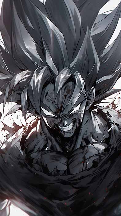 Fond d'écran Dragon Ball Goku dramatique en monochrome avec effets de fumée et expression intense en qualité 4K Ultra HD téléchargement gratuit