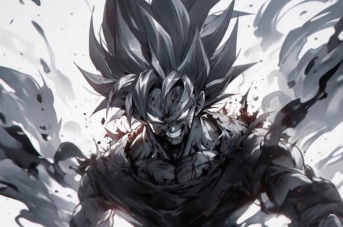 Fond d'écran Dragon Ball Goku dramatique en monochrome avec effets de fumée et expression intense en qualité 4K Ultra HD téléchargement gratuit