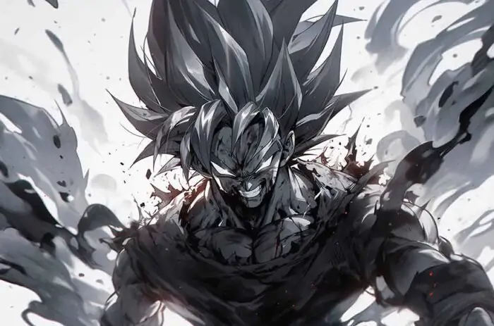 Dragon Ball Goku dramatic monochrome wallpaper with smoke effects and intense expression in stunning 4K Ultra HD quality free download