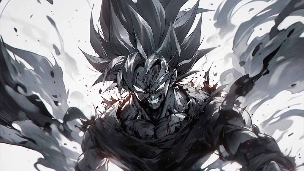 Fond d'écran Dragon Ball Goku dramatique en monochrome avec effets de fumée et expression intense en qualité 4K Ultra HD téléchargement gratuit
