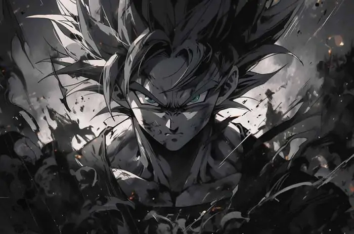 Goku black and white artistic Dragon Ball wallpaper 4k with ember effects monochrome Ultra HD background art free for Pc & Mobile phone