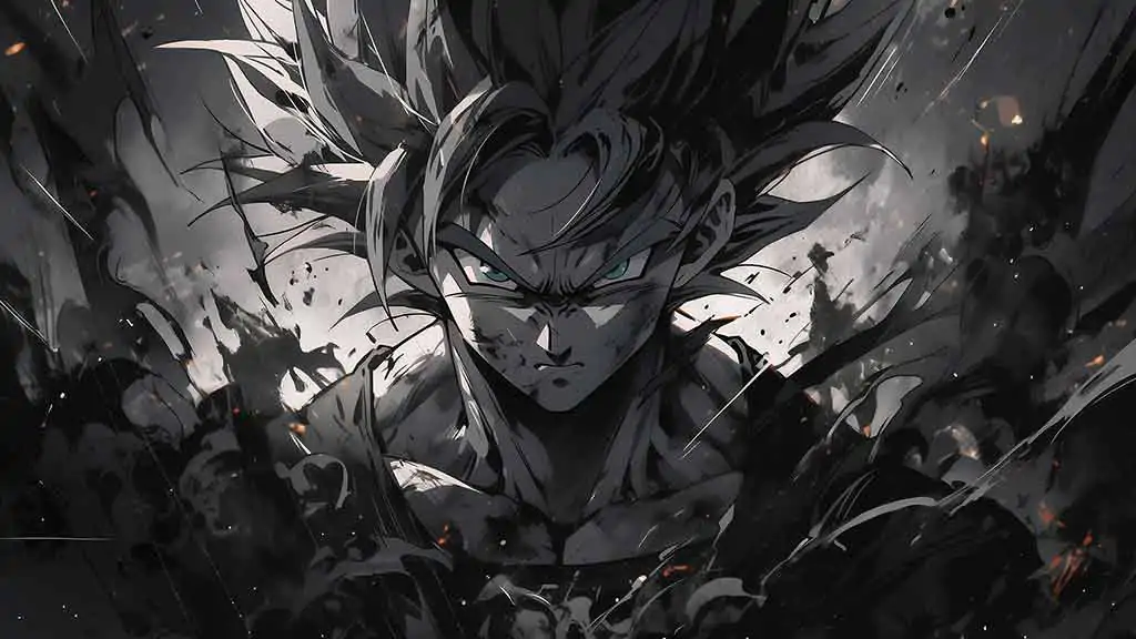 Goku black and white artistic Dragon Ball wallpaper 4k with ember effects monochrome Ultra HD background art free for Pc & Mobile phone