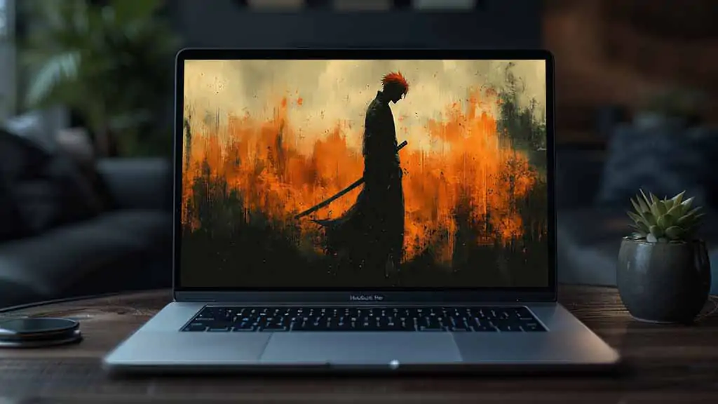 Fond d'écran minimaliste Bleach Kurosaki Ichigo silhouette 4K avec fond écran ardent et épée, téléchargement gratuit d'anime artistique en Ultra HD