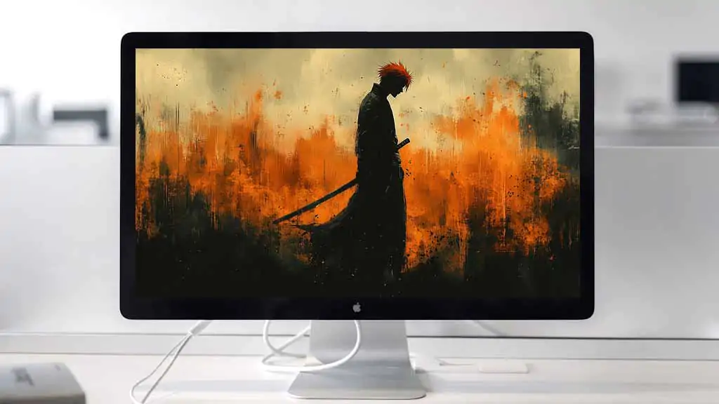 Fond d'écran minimaliste Bleach Kurosaki Ichigo silhouette 4K avec fond écran ardent et épée, téléchargement gratuit d'anime artistique en Ultra HD