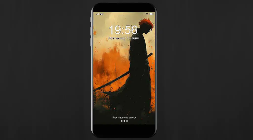 Fond d'écran minimaliste Bleach Kurosaki Ichigo silhouette 4K avec fond écran ardent et épée, téléchargement gratuit d'anime artistique en Ultra HD