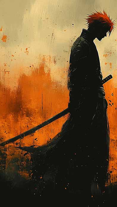 Fond d'écran minimaliste Bleach Kurosaki Ichigo silhouette 4K avec fond écran ardent et épée, téléchargement gratuit d'anime artistique en Ultra HD