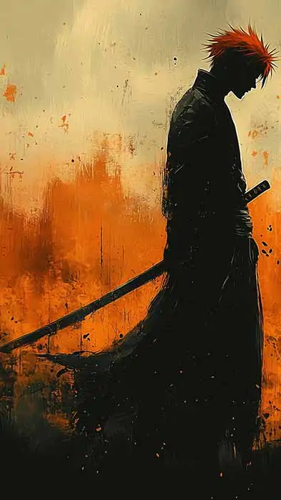 Fond d'écran minimaliste Bleach Kurosaki Ichigo silhouette 4K avec fond écran ardent et épée, téléchargement gratuit d'anime artistique en Ultra HD