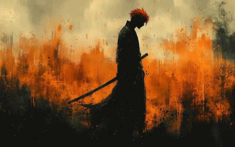 Fond d'écran minimaliste Bleach Kurosaki Ichigo silhouette 4K avec fond écran ardent et épée, téléchargement gratuit d'anime artistique en Ultra HD