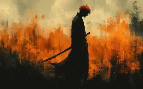 Minimalist Bleach Kurosaki Ichigo silhouette 4K wallpaper with fiery orange background and sword, artistic anime free download in Ultra HD