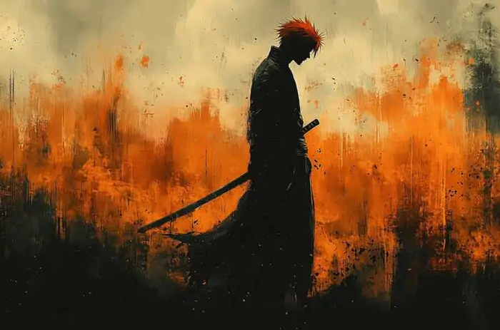 Minimalist Bleach Kurosaki Ichigo silhouette 4K wallpaper with fiery orange background and sword, artistic anime free download in Ultra HD