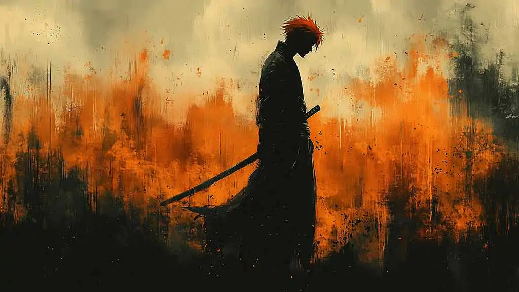 Fond d'écran minimaliste Bleach Kurosaki Ichigo silhouette 4K avec fond écran ardent et épée, téléchargement gratuit d'anime artistique en Ultra HD