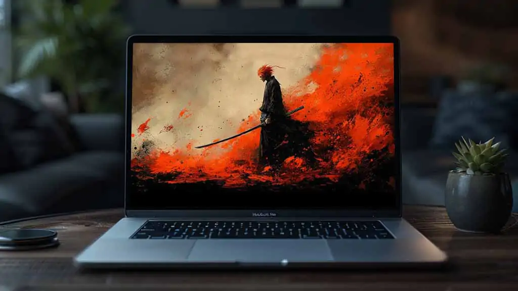 Fond d'écran minimaliste Bleach Kurosaki Ichigo silhouette 4K avec fond noir et orange et épée, style artistique téléchargement gratuit en Ultra HD
