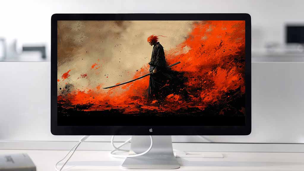 Fond d'écran minimaliste Bleach Kurosaki Ichigo silhouette 4K avec fond noir et orange et épée, style artistique téléchargement gratuit en Ultra HD