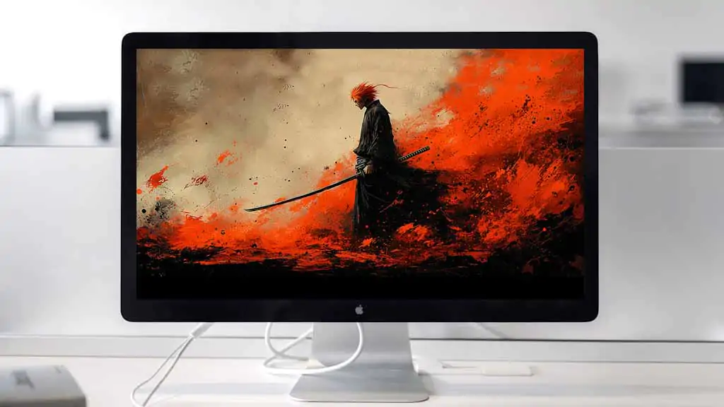Fond d'écran minimaliste Bleach Kurosaki Ichigo silhouette 4K avec fond noir et orange et épée, style artistique téléchargement gratuit en Ultra HD
