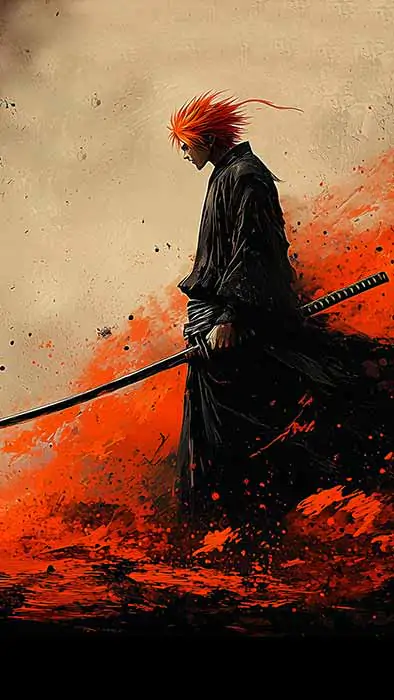 Fond d'écran minimaliste Bleach Kurosaki Ichigo silhouette 4K avec fond noir et orange et épée, style artistique téléchargement gratuit en Ultra HD