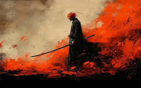 Fond d'écran minimaliste Bleach Kurosaki Ichigo silhouette 4K avec fond noir et orange et épée, style artistique téléchargement gratuit en Ultra HD