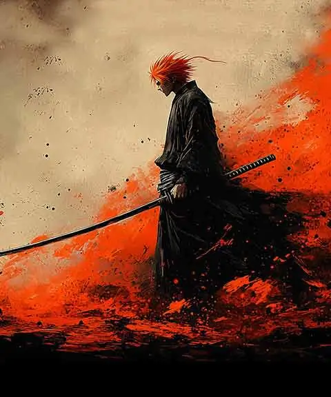 Fond d'écran minimaliste Bleach Kurosaki Ichigo silhouette 4K avec fond noir et orange et épée, style artistique téléchargement gratuit en Ultra HD