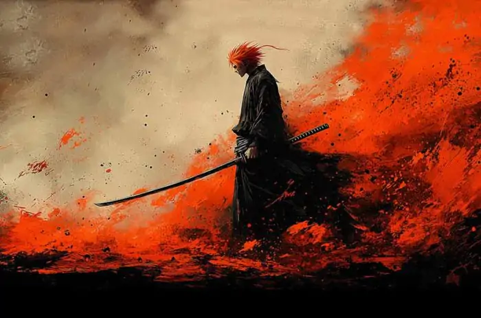 Minimalist Bleach Kurosaki Ichigo silhouette 4K wallpaper with black and orange background and sword, artistic style free download in Ultra HD